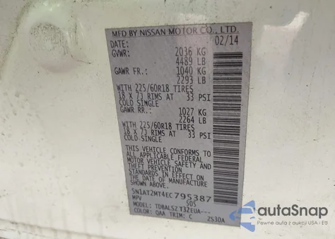 2014 Nissan Rogue Sl z USA, uszkodzony, nr VIN 5N1AT2MT4EC795387